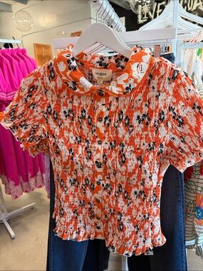 Umgee Orange, Black & White Floral Smocked Button-Down Top